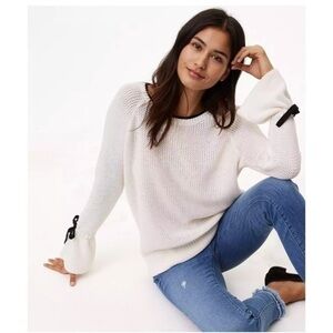 Loft • Cream Black Tipped Tie Cuffed Bell Sleeve Sweater
